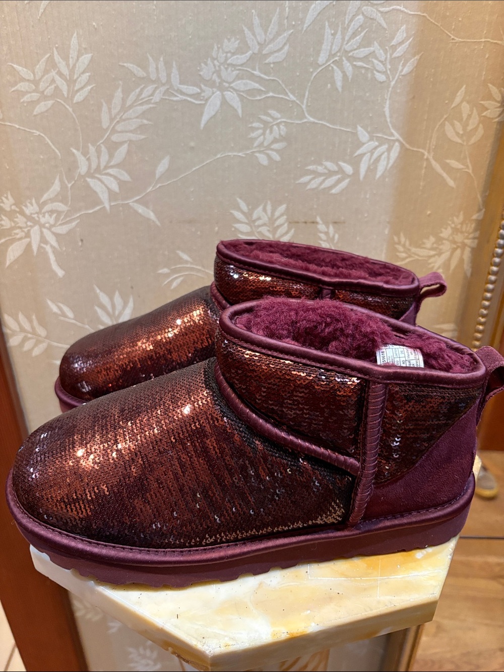 UGG Burgundy Shearling Sequin Ankle Boots - Picture 2 of 7
